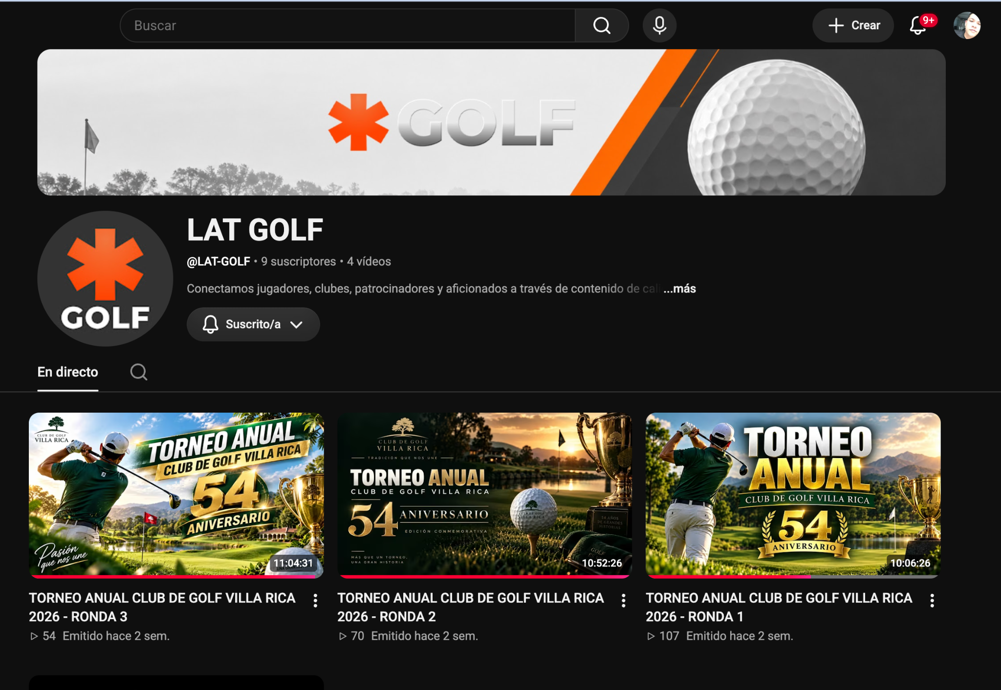 Canal de YouTube de LATGOLF con transmisiones de torneos de golf.
